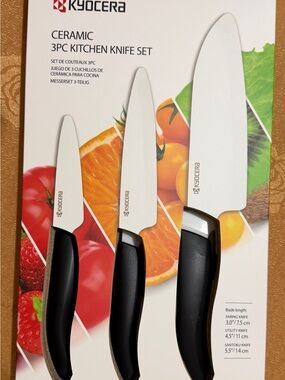 White Ceramic 3-Piece Kitchen Knife Set with Black Handles